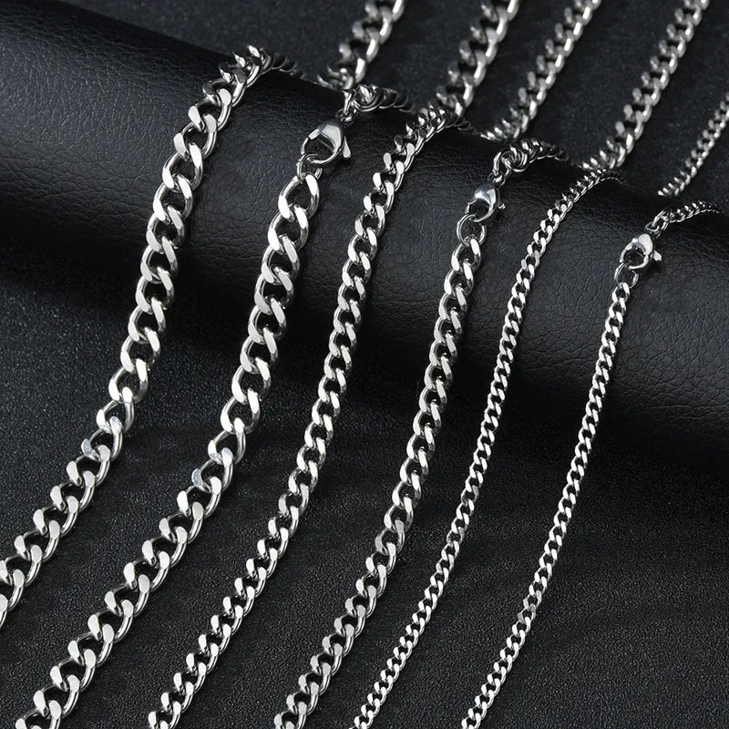 Close-up Silver 3-7mm Cuban Chain Necklace, Solid Stainless Steel