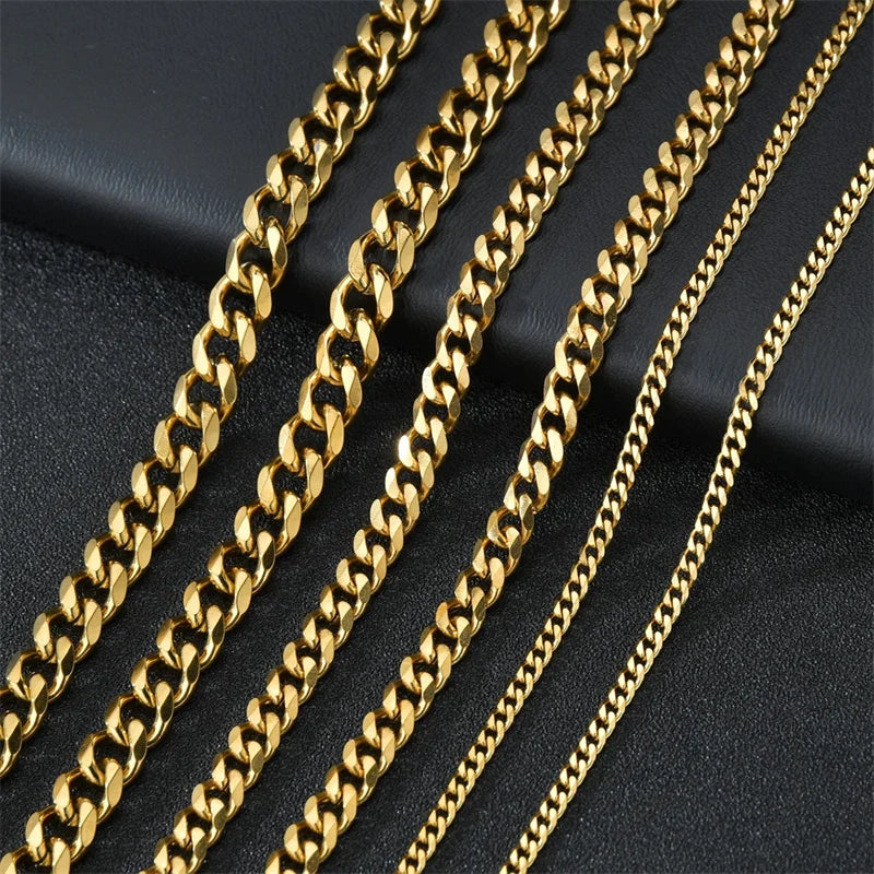 Close-up Gold 3-7mm Cuban Chain Necklace, Solid Metal, Detail View