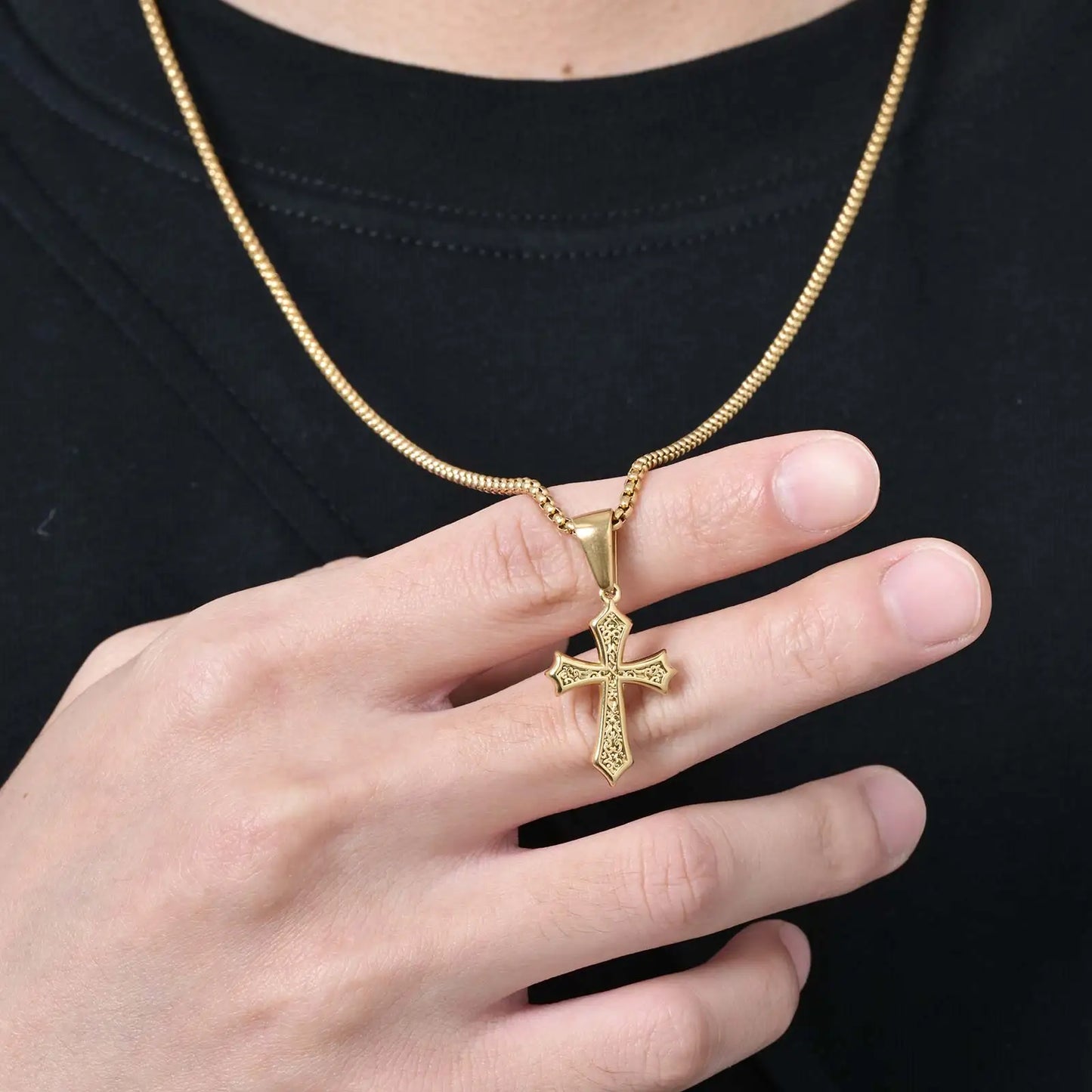 Stainless Steel Cross Necklace on Neck, Men’s Christian Jewelry