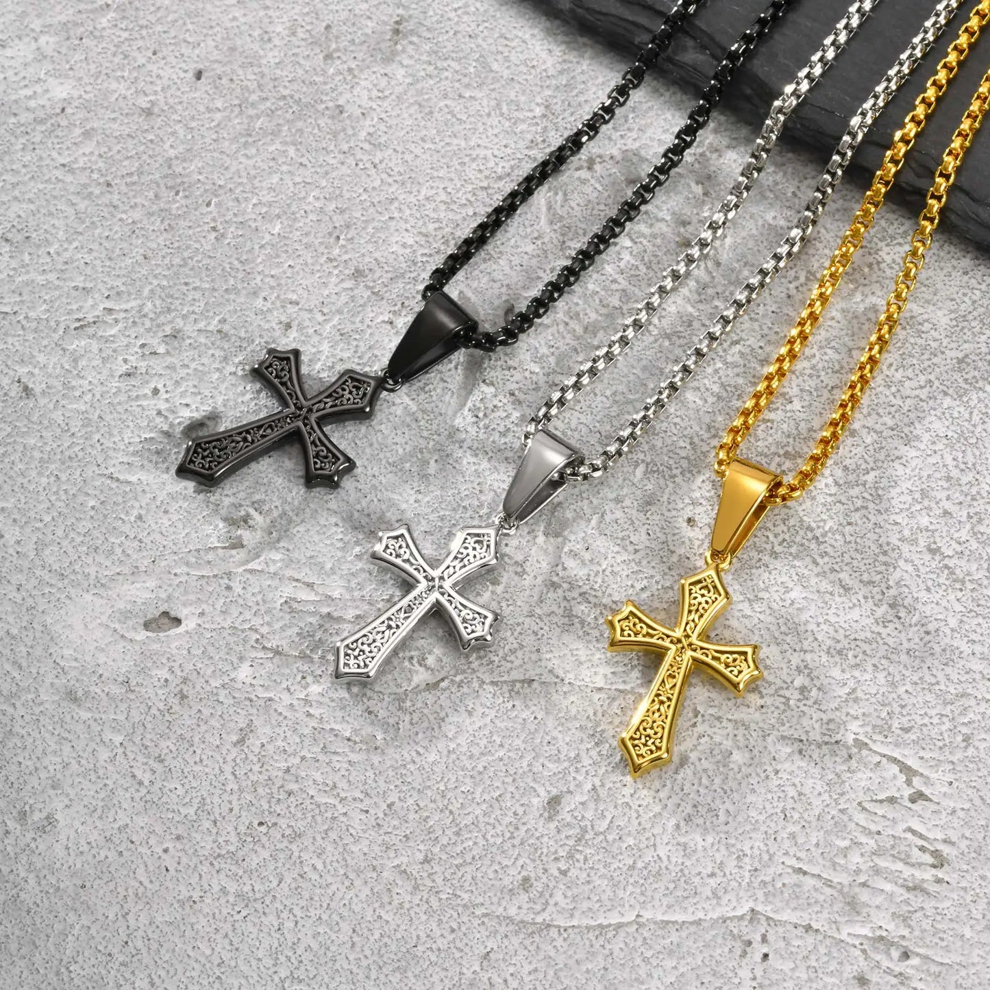 Side View of Men’s Stainless Steel Cross Necklace, Detail Shot