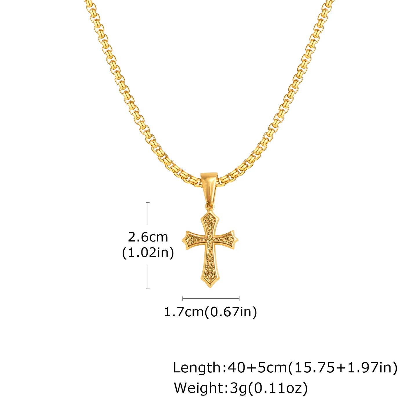 Detailed Close-up of Gold Cross Pendant Necklace, Solid Stainless Steel