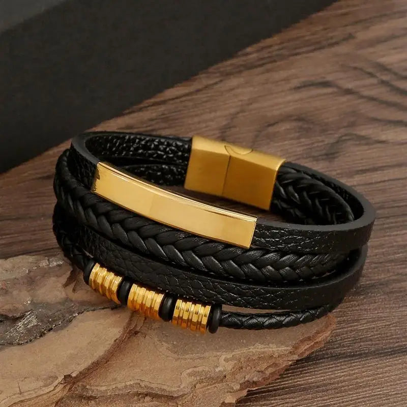 Macro Detail of Men’s Classic Leather Bracelet, Handwoven Design
