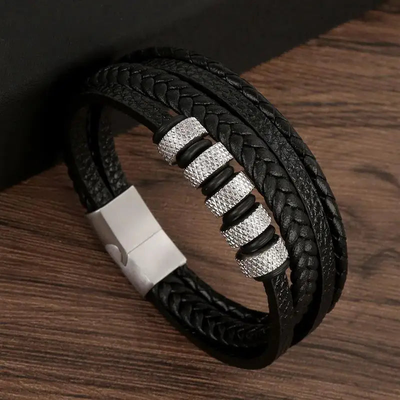 Front Angle of Handwoven Men’s Leather Bracelet, Close-up Texture