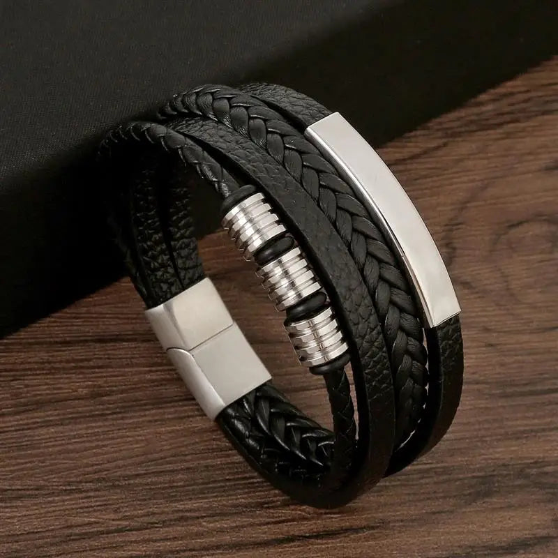 Close-up Detail of Multi-Layer Handwoven Leather Bracelet, Men’s Wrist Accessory