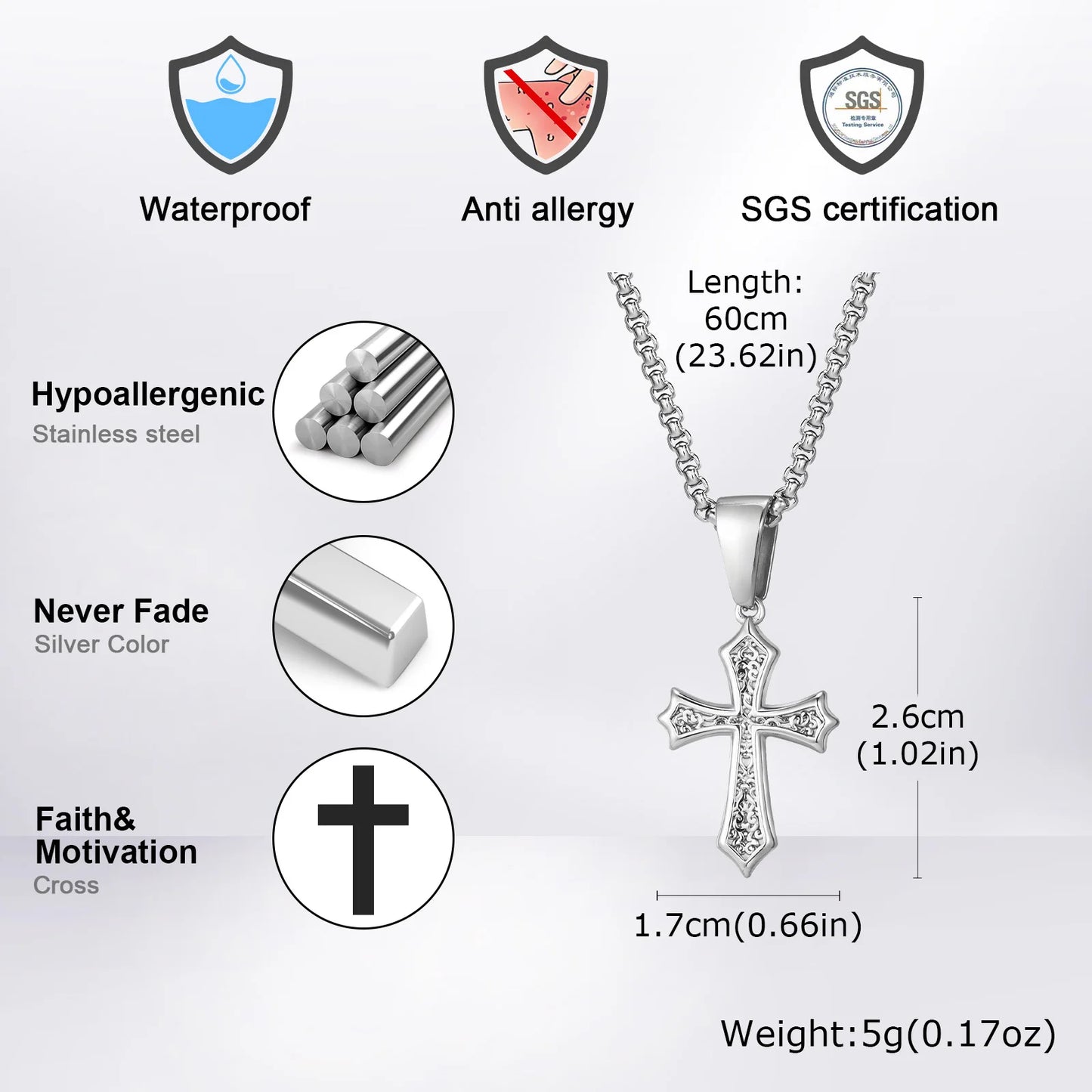 Detailed Close-up of Cross Pendant Necklace, Solid Stainless Steel