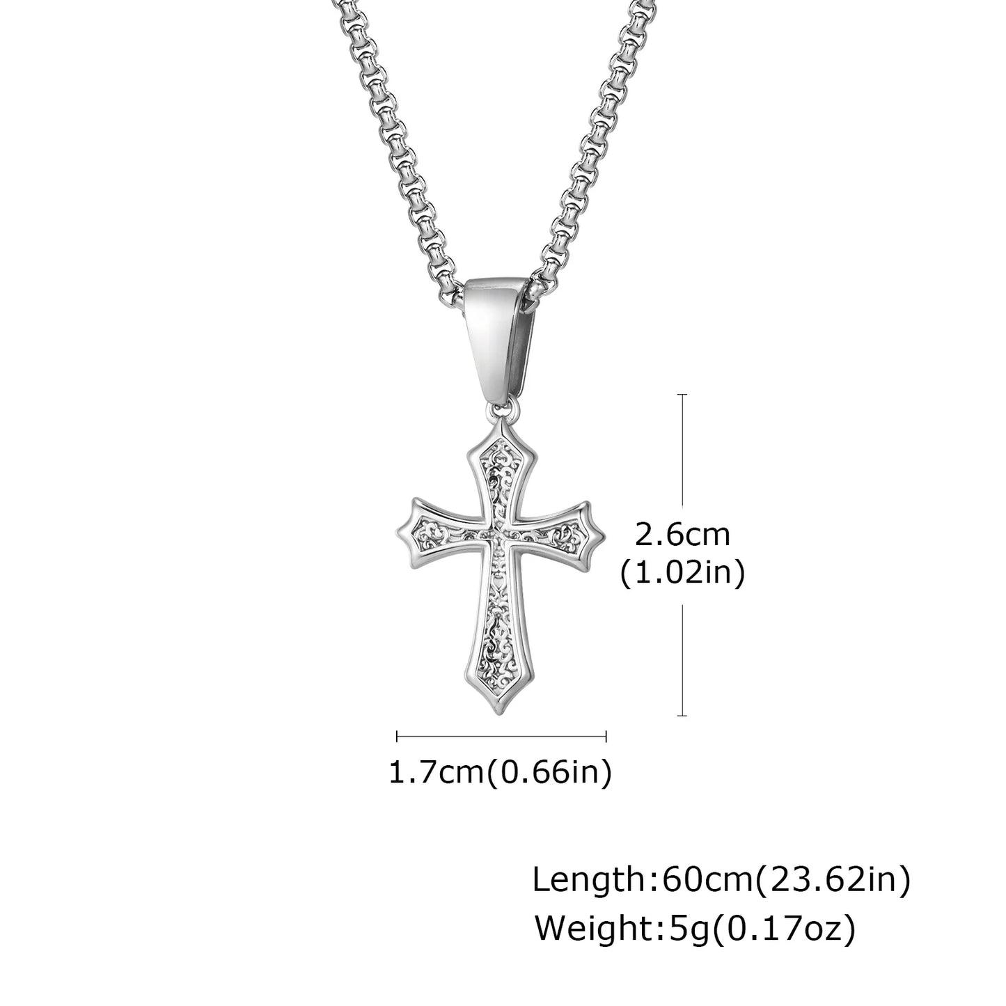 Detailed Close-up of Silver Cross Pendant Necklace, Solid Stainless Steel