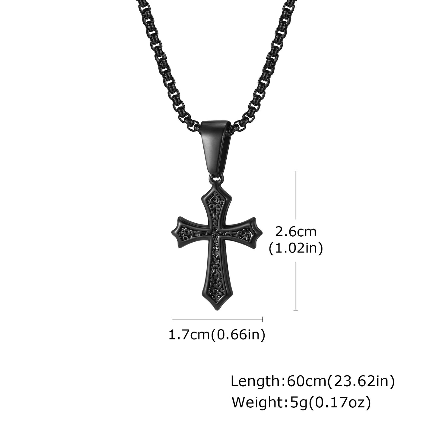 Detailed Close-up of Black Cross Pendant Necklace, Solid Stainless Steel