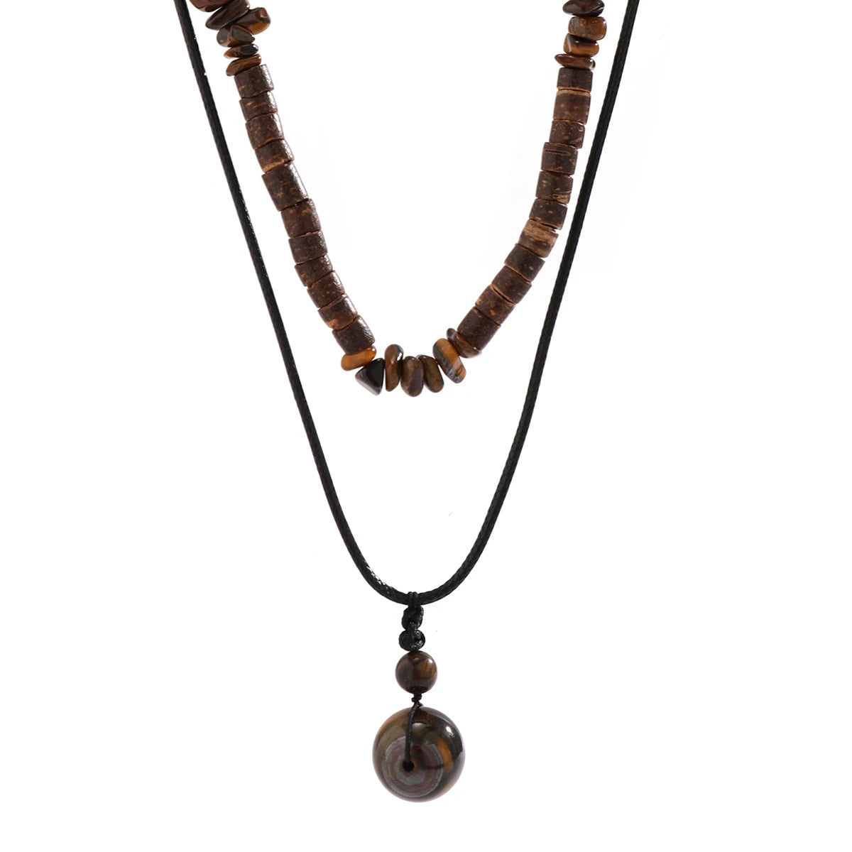 Men’s Vintage Natural Stone Pendant Necklace Set – Beaded Wax Thread Choker