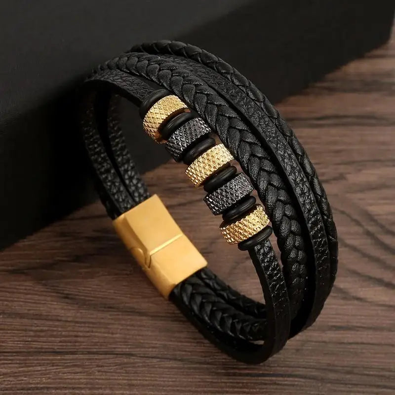 Front View of Brown Men’s Leather Bracelet, Braided Handcrafted Design