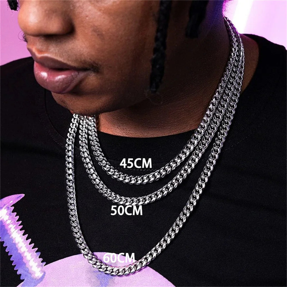 Silver 3-7mm Cuban Chain Necklace on Neck, Unisex Punk Style