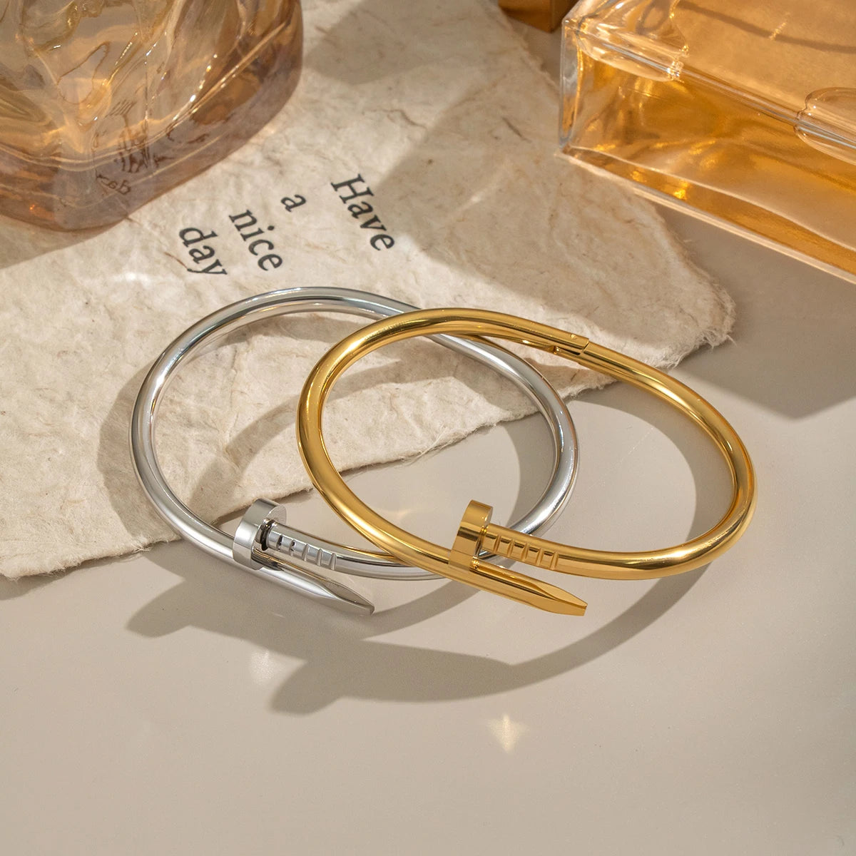 Vintage Minimalist Stainless Steel Nail Bangle – Waterproof Charm Jewelry