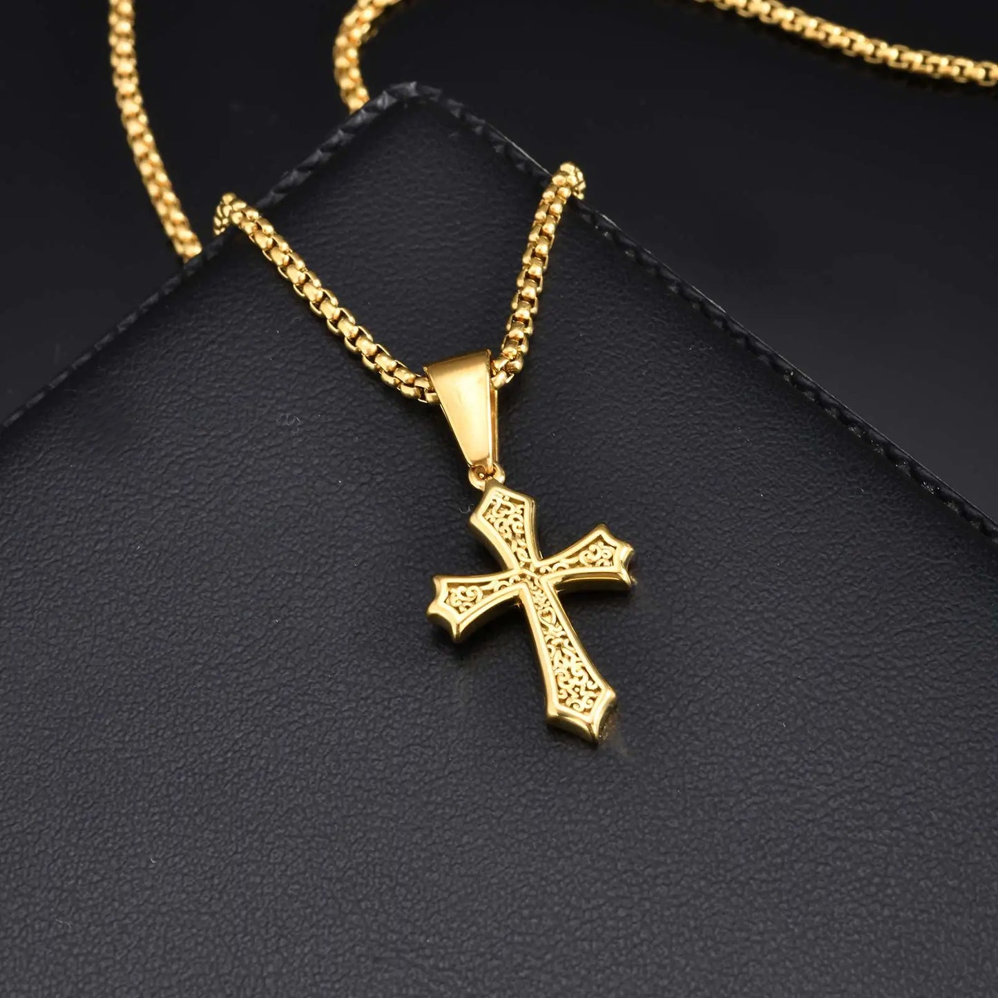 Detailed Close-up of Cross Pendant Necklace, Solid Stainless Steel