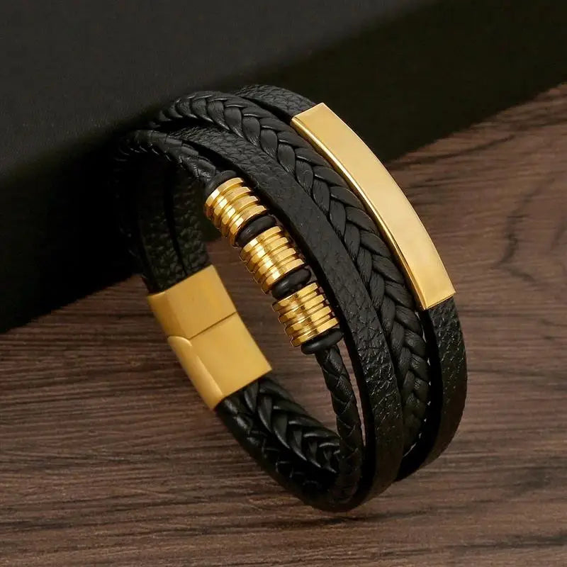 Front Close-up of Multi-Layer Brown Men’s Leather Bracelet, Braided Pattern