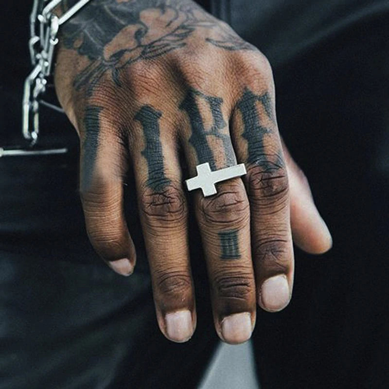 Silver Punk Cross Ring for Men, Waterproof Stainless Steel, Worn on Finger