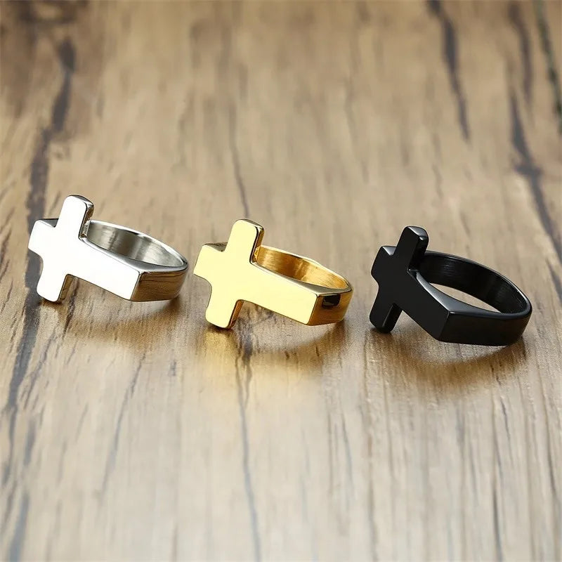 Close-up Silver, Gold, Black Punk Cross Ring, Waterproof Stainless Steel, Detail View
