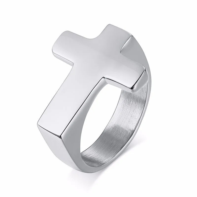 Close-up Silver Punk Cross Ring, Waterproof Stainless Steel, Detail View