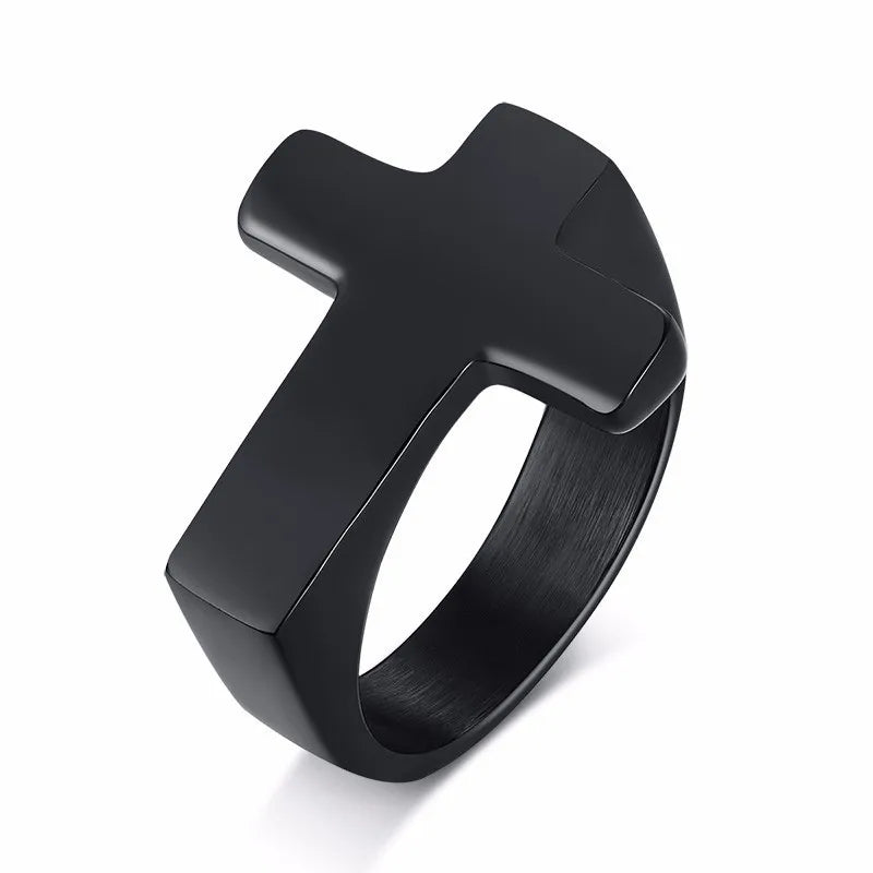 Close-up Black Punk Cross Ring, Solid Metal, Macro Shot