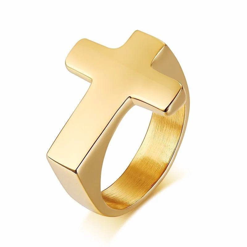 Close-up Gold Punk Cross Ring, Waterproof Stainless Steel, Detail View