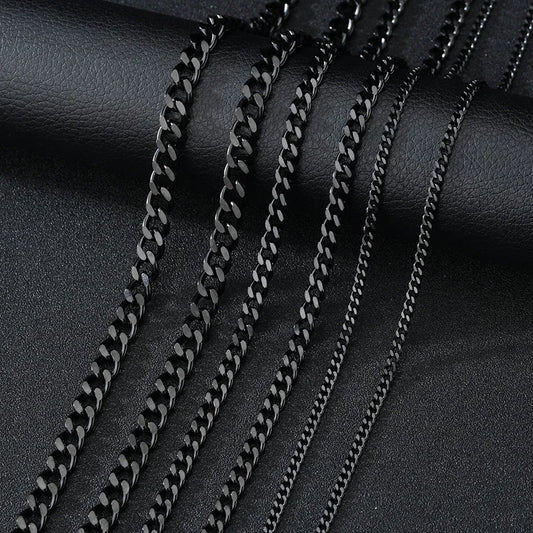 Close-up Black 3-7mm Cuban Chain Necklace, Solid Stainless Steel