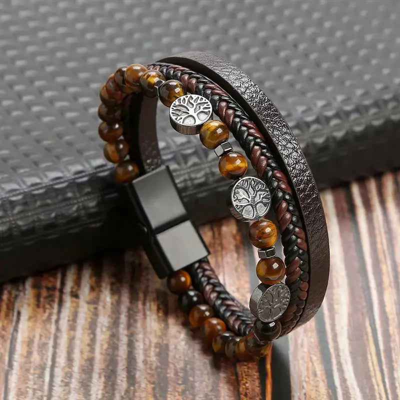 Macro Close-up of Multi-Layer Leather Bracelet, Handcrafted Design