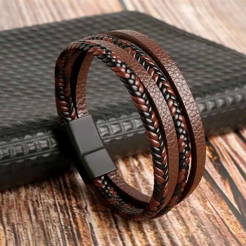 Macro Shot of Handwoven Leather Bracelet, Multi-Layer Detail