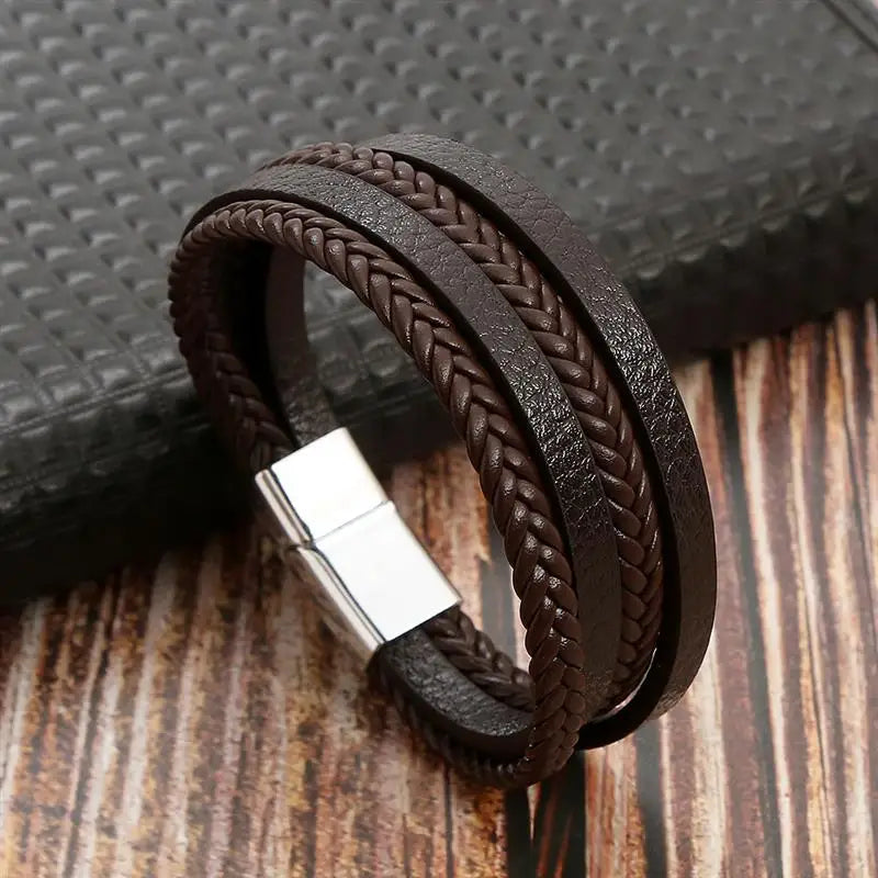 Front View of Handwoven Multi-Layer Leather Bracelet, Men’s Wristwear