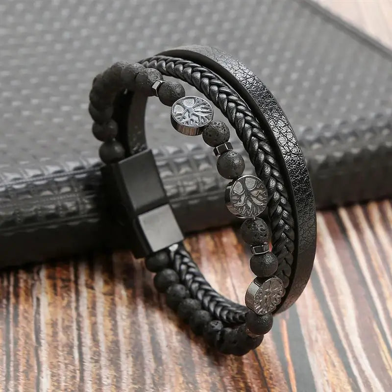 Front Angle of Handwoven Men’s Leather Bracelet, Fashion Wristwear