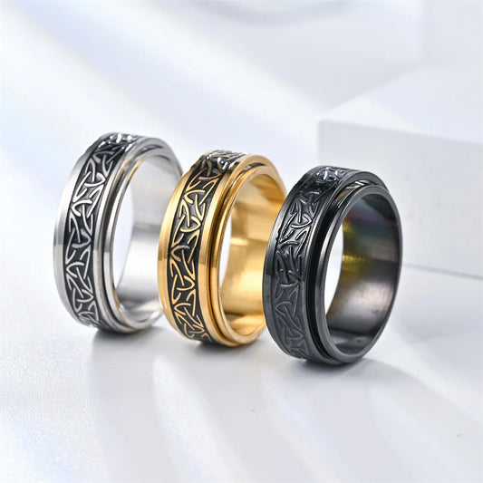 Close-up of Viking Celtic Knot Spinning Ring, Stainless Steel
