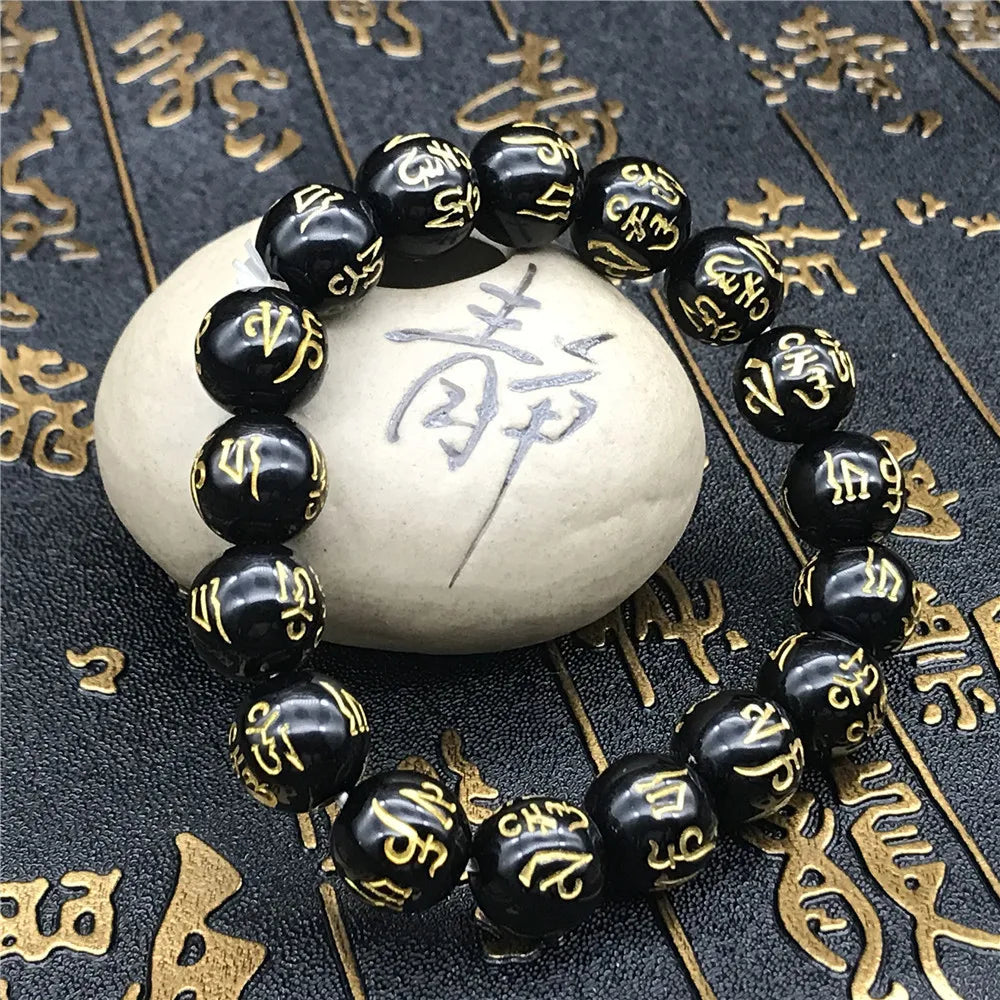 Tibetan Six Words Mantra Bracelet Black Obsidian Lucky Amulet Bangle for Men Women 8mm 10mm 12mm 14mm