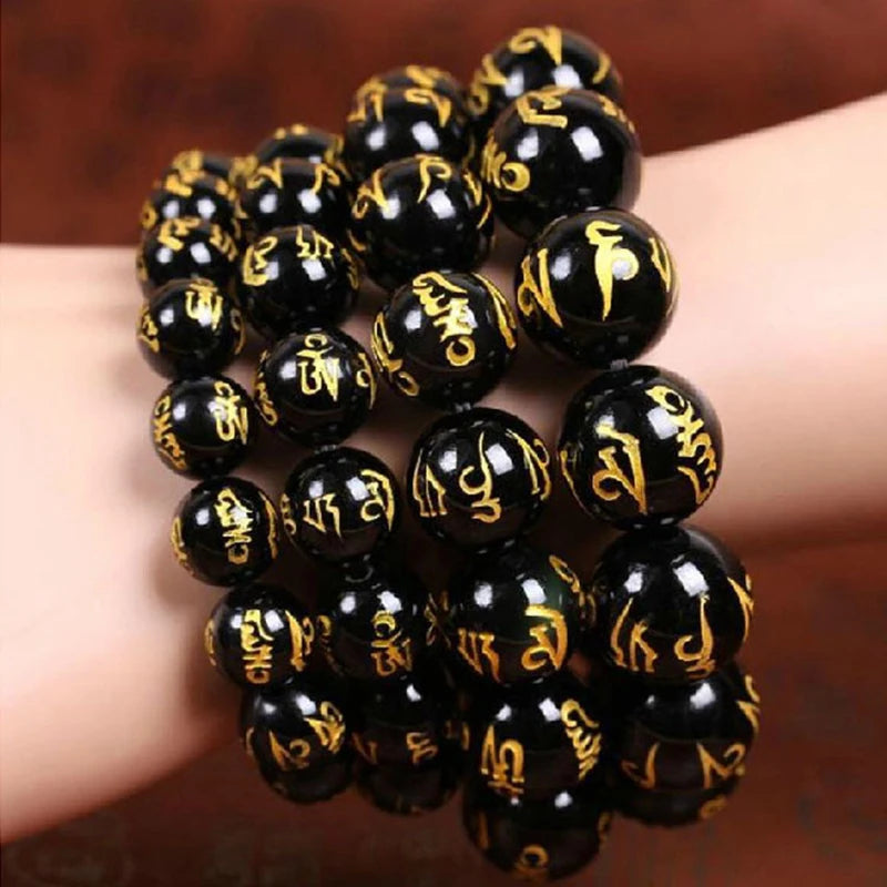 Tibetan Six Words Mantra Bracelet Black Obsidian Lucky Amulet Bangle for Men Women 8mm 10mm 12mm 14mm