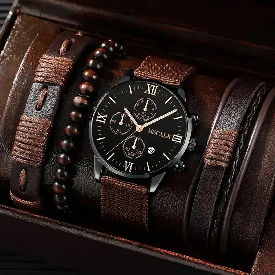 Men’s Quartz Watch Set – Business Casual Fashion Wristwatches with Calendar Bracelet Accessories