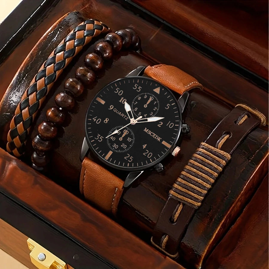Men’s Quartz Watch Set – Business Casual Fashion Wristwatches with Calendar Bracelet Accessories