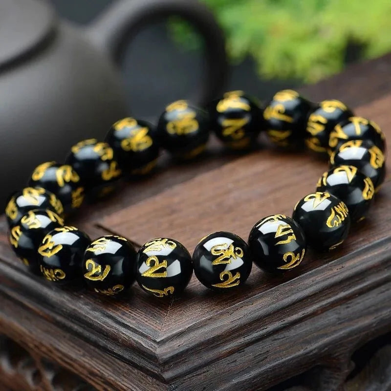 Tibetan Six Words Mantra Bracelet Black Obsidian Lucky Amulet Bangle for Men Women 8mm 10mm 12mm 14mm