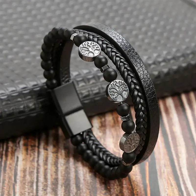Close-up of Multi-Layer Brown Leather Bracelet, Detailed Weave