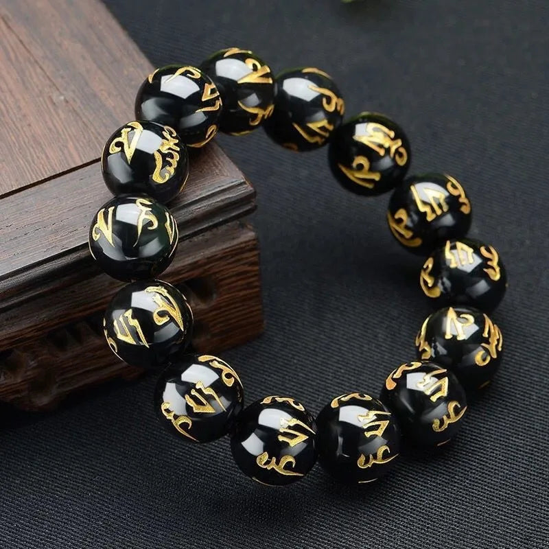 Tibetan Six Words Mantra Bracelet Black Obsidian Lucky Amulet Bangle for Men Women 8mm 10mm 12mm 14mm