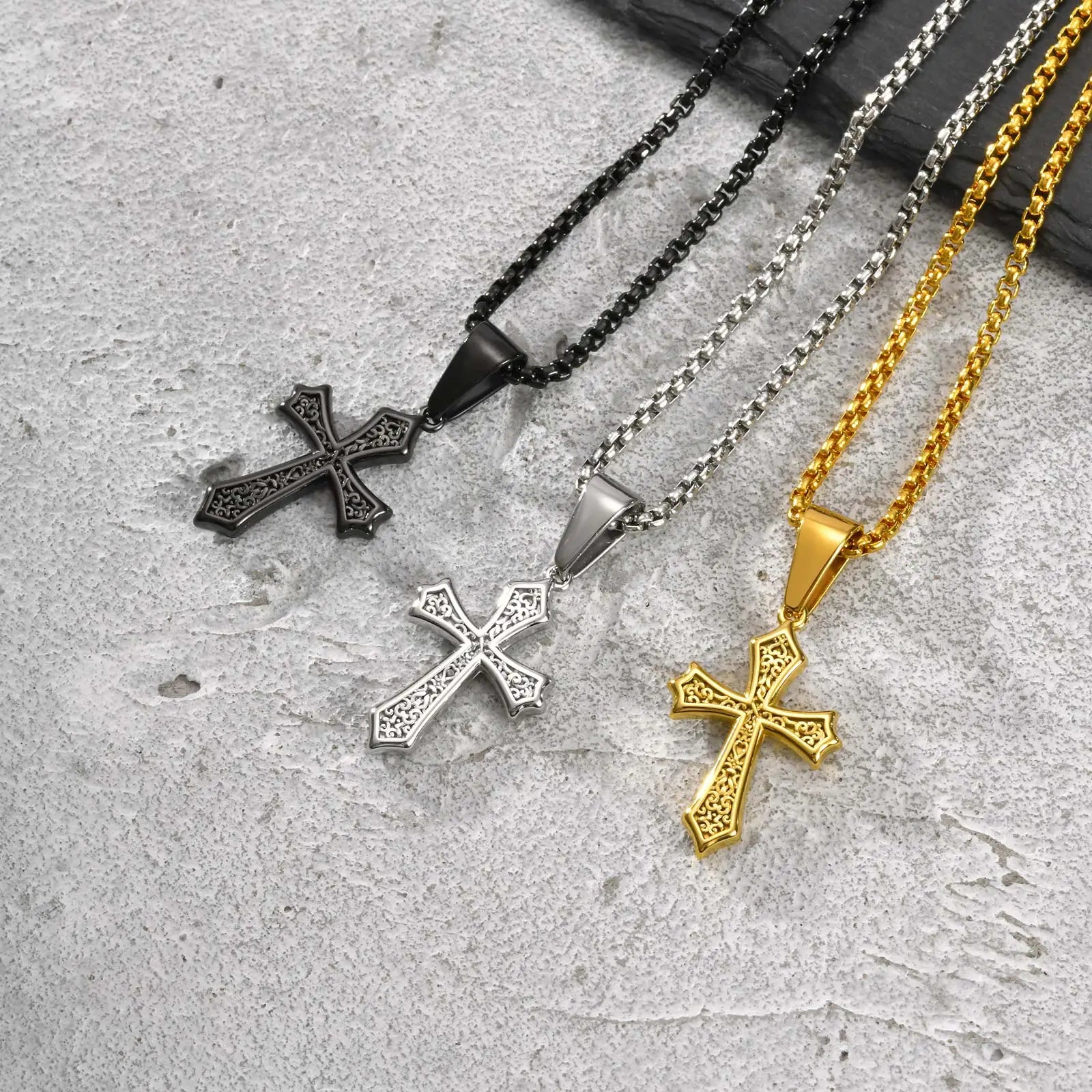 Side View of Men’s Stainless Steel Cross Necklace, Detail Shot