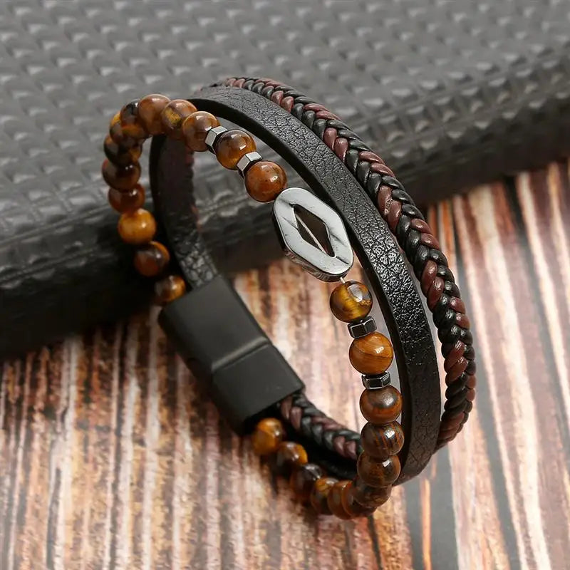 Detailed Shot of Multi-Layer Braided Leather Bracelet, Men’s Accessory