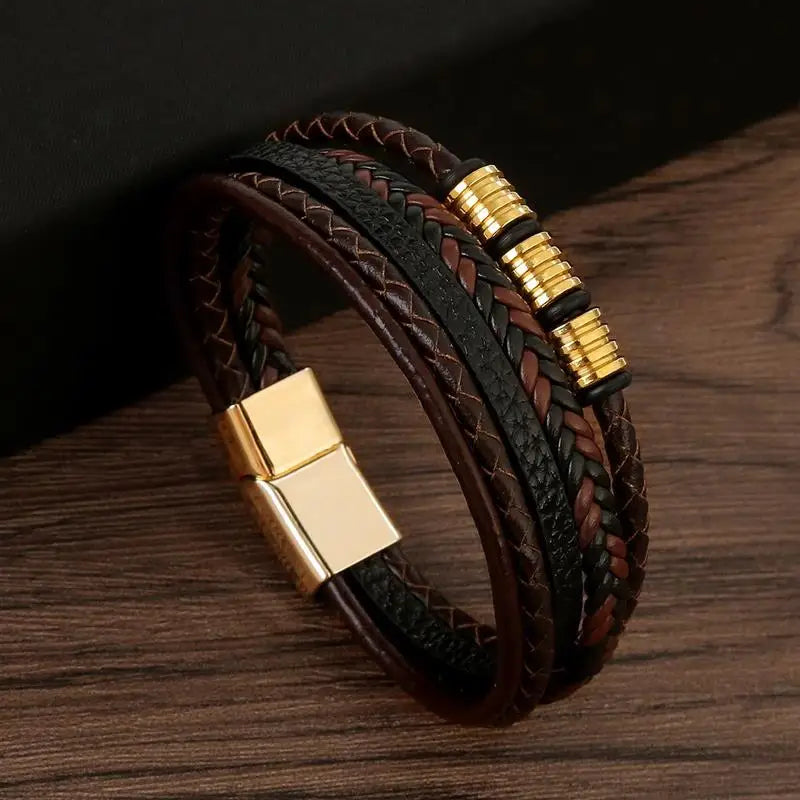 etailed Front View of Classic Handwoven Leather Bracelet, Men’s Accessory