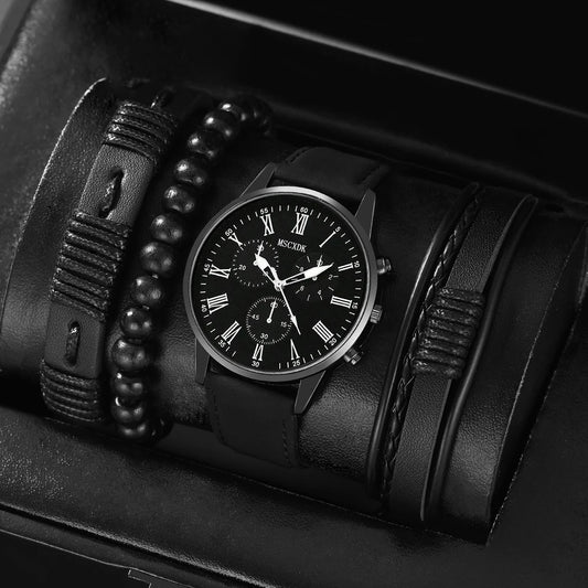 Men’s Quartz Watch Set – Business Casual Fashion Wristwatches with Calendar Bracelet Accessories