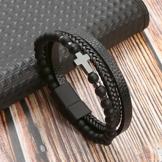 Top Macro Shot of Handwoven Multi-Layer Men’s Leather Bracelet