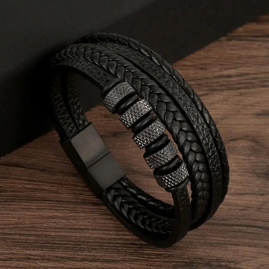 Macro Shot of Multi-Layer Handwoven Leather Bracelet, Detailed Texture
