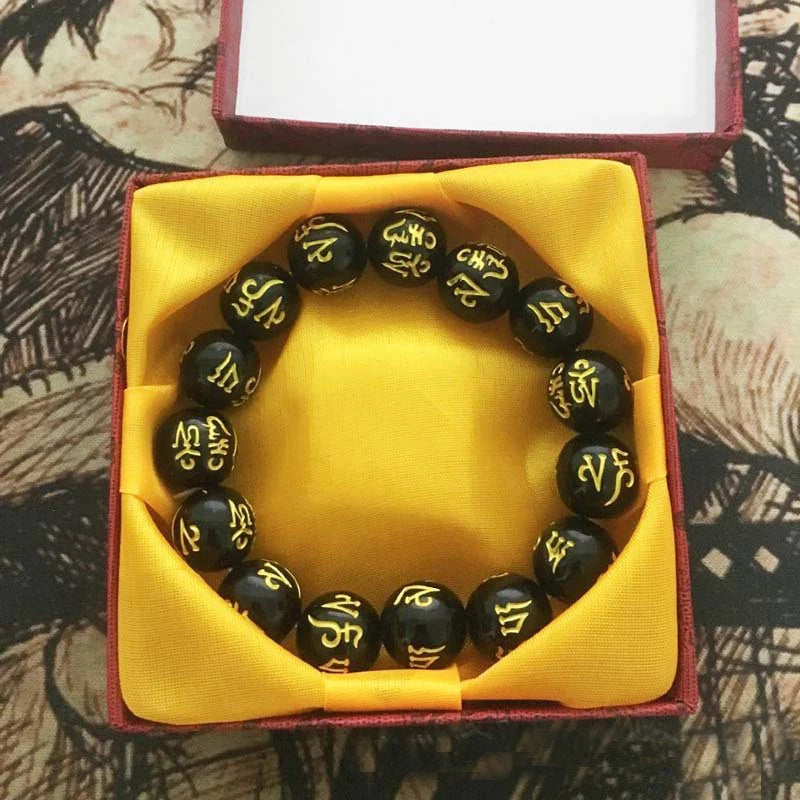 Tibetan Six Words Mantra Bracelet Black Obsidian Lucky Amulet Bangle for Men Women 8mm 10mm 12mm 14mm
