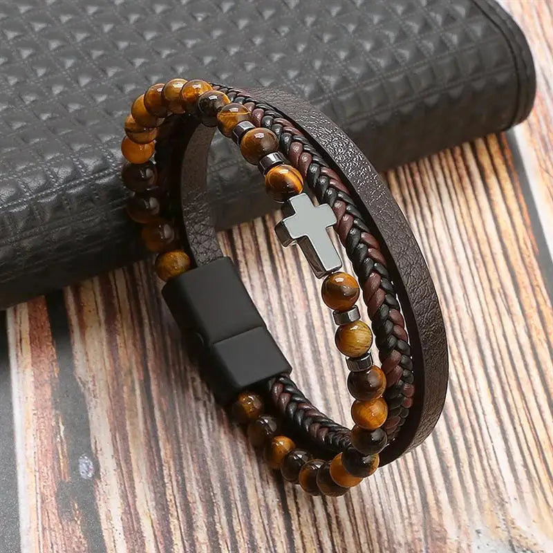 Detailed Front View of Classic Handwoven Leather Bracelet for Men