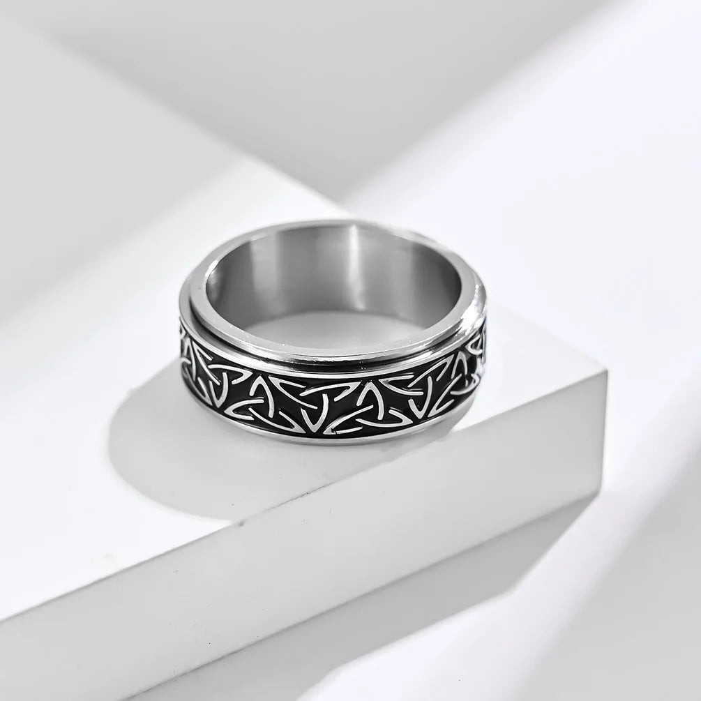 Side View of Silver Viking Ring, Stainless Steel, Rotating Design