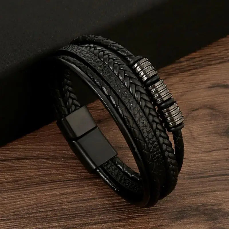 Close-up of Classic Men’s Leather Bracelet, Handwoven Multi-Layer Detail