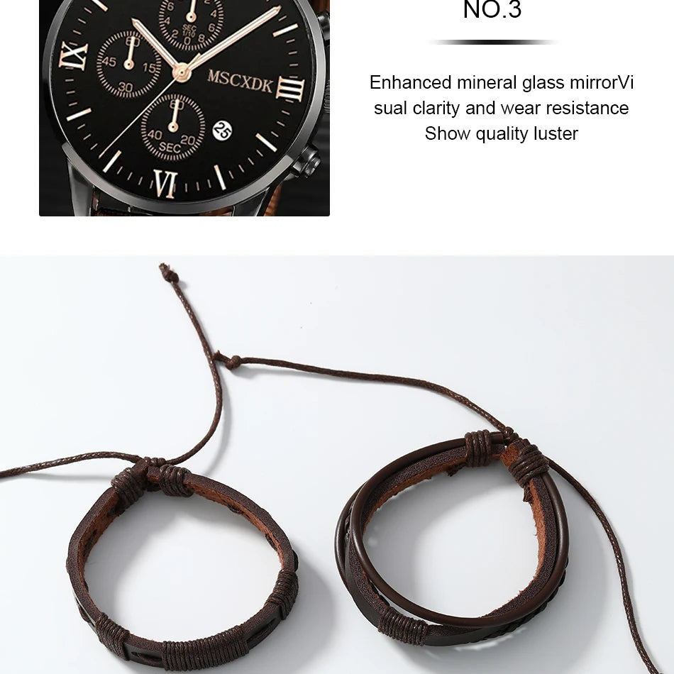 Men’s Quartz Watch Set – Business Casual Fashion Wristwatches with Calendar Bracelet Accessories