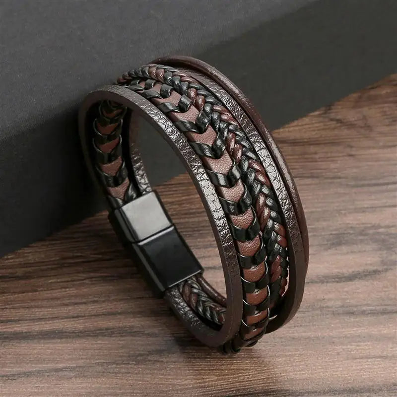 Close-up of Multi-Layer Brown Leather Bracelet, Braided Style