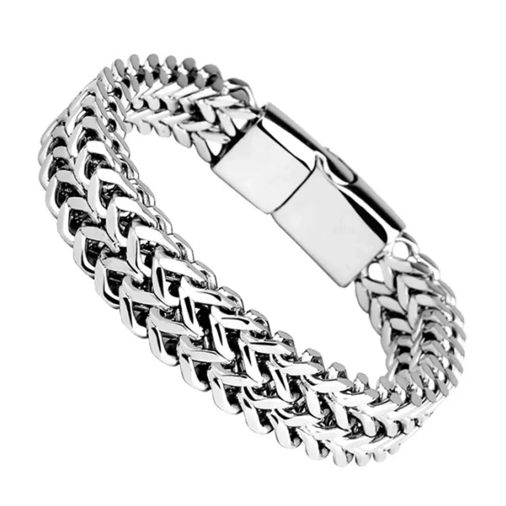Side View of Braided Stainless Steel Bracelet, Double Row Design