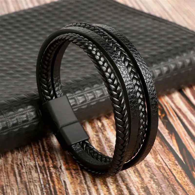 Close-up of Classic Men’s Leather Bracelet, Handwoven Multi-Layer Texture