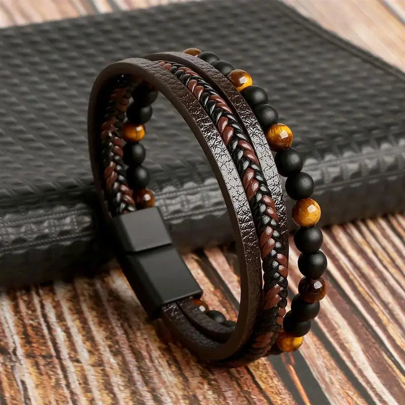 Front Macro Shot of Multi-Layer Men’s Leather Bracelet, Braided Pattern